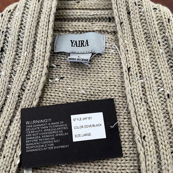 Yaira Taupe Flecked Cardigan Sweater with Black Faux Leather Accents Size Large - Picture 5 of 11